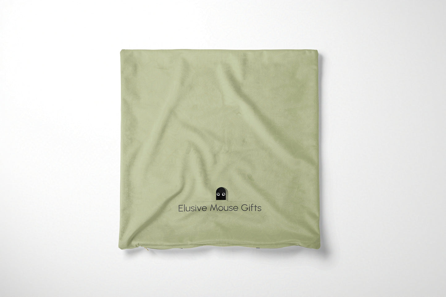 Green cushion cover back with a logo on a white background