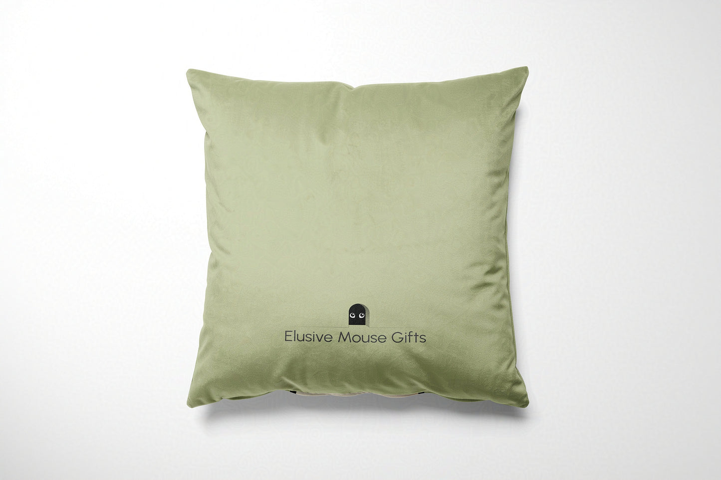 Green cushion with 'Elusive Mouse Gifts' logo on a white background