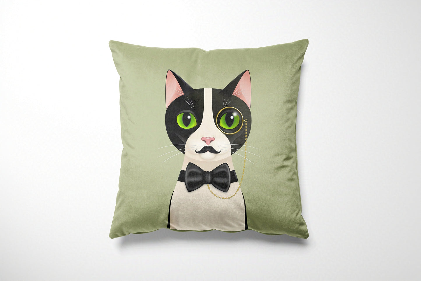 Green cushion with a cat illustration on a white background