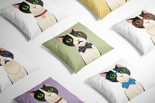 Alfred Cat Colourful Cushion on a white background surrounded by other cat design cushions