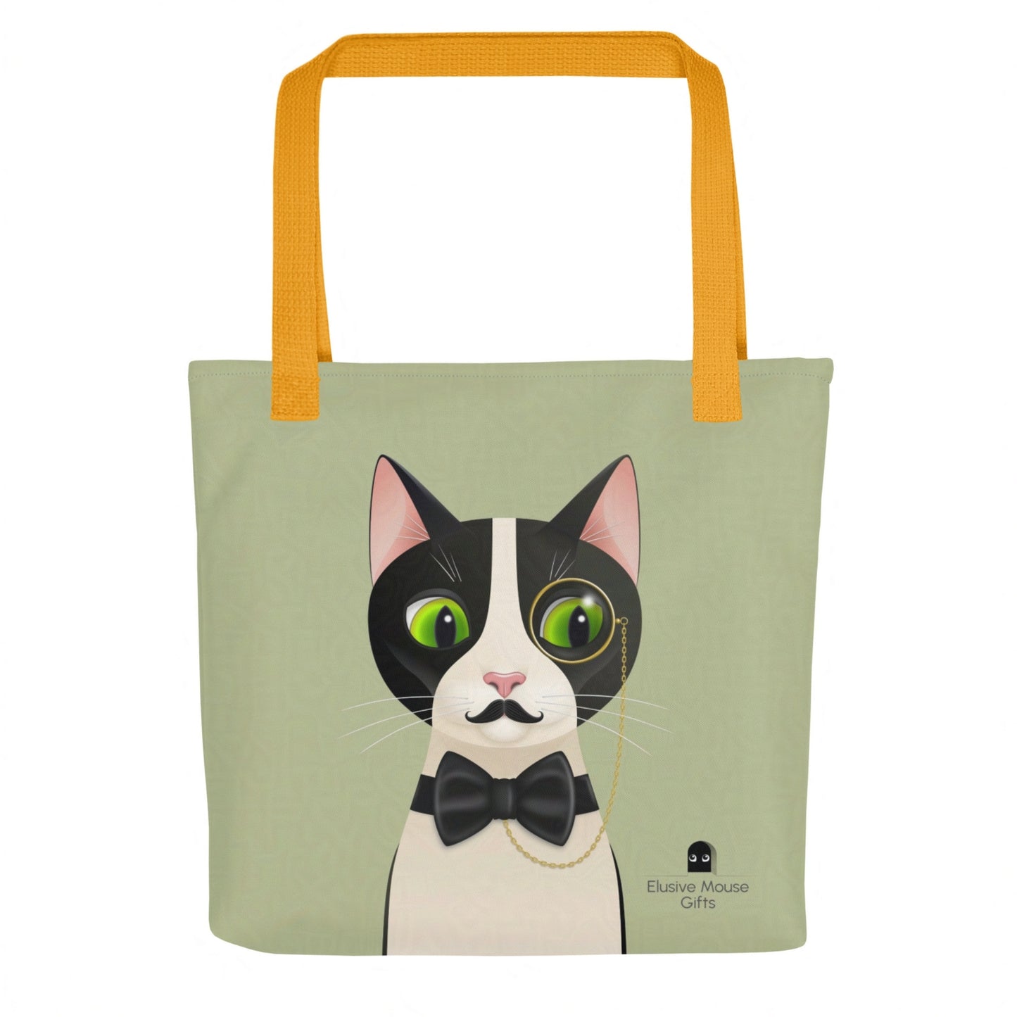 Rear view of tote bag with Alfred glancing down at a mouse in a mousehole, over the shoulder, printed on a sage green background