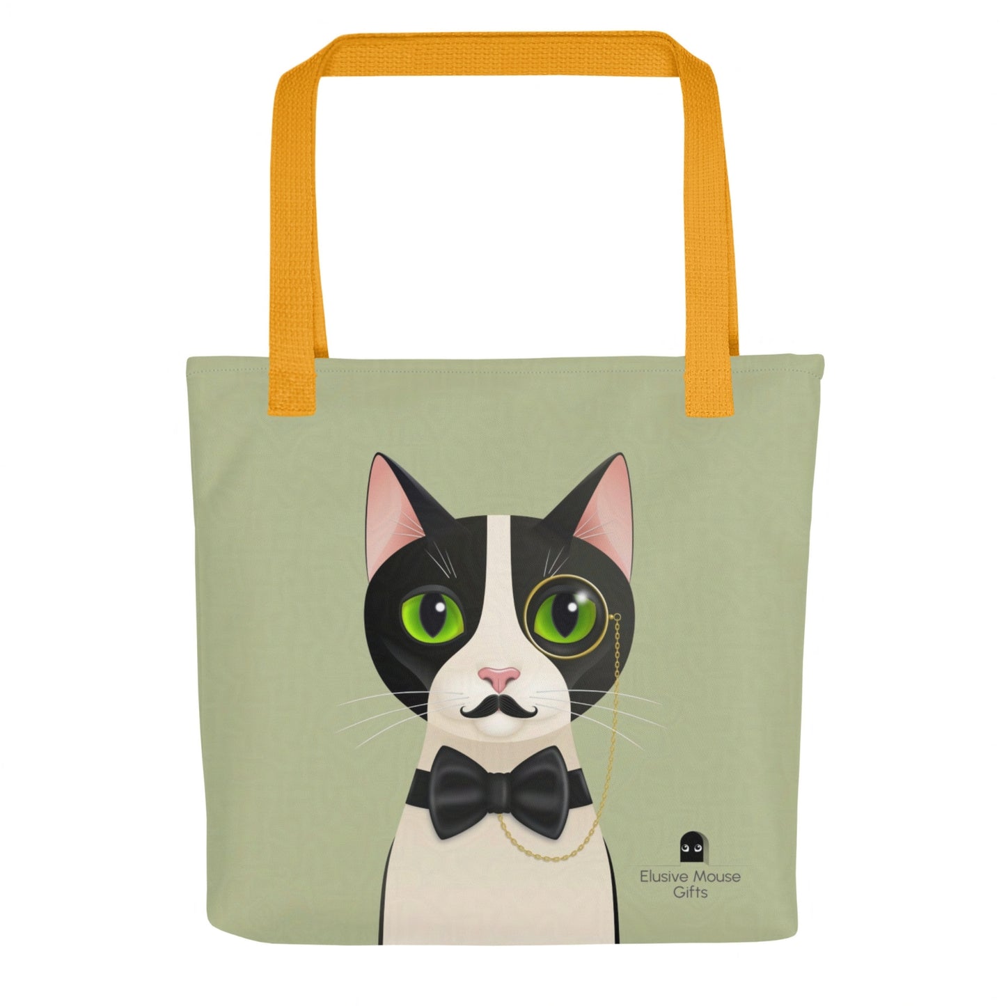 Front-facing tote bag design with Alfred the cat looking forward in a fake moustache, monocle and bow tie, set against a sage green background