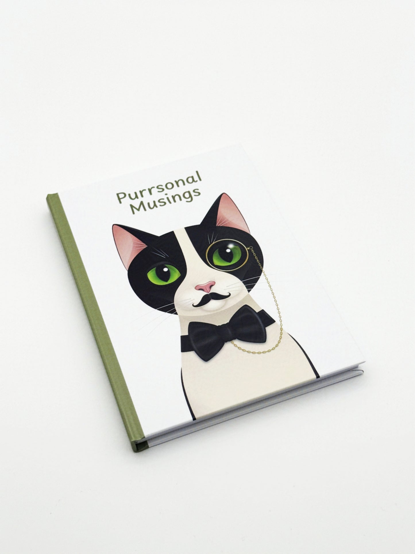 Notebook with a cat illustration and 'Purrsonal Musings' text on a white background