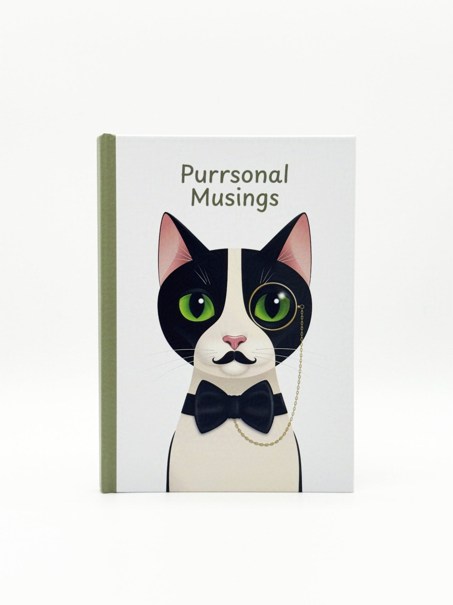 Notebook with a cat illustration and 'Purrsonal Musings' text on a white background