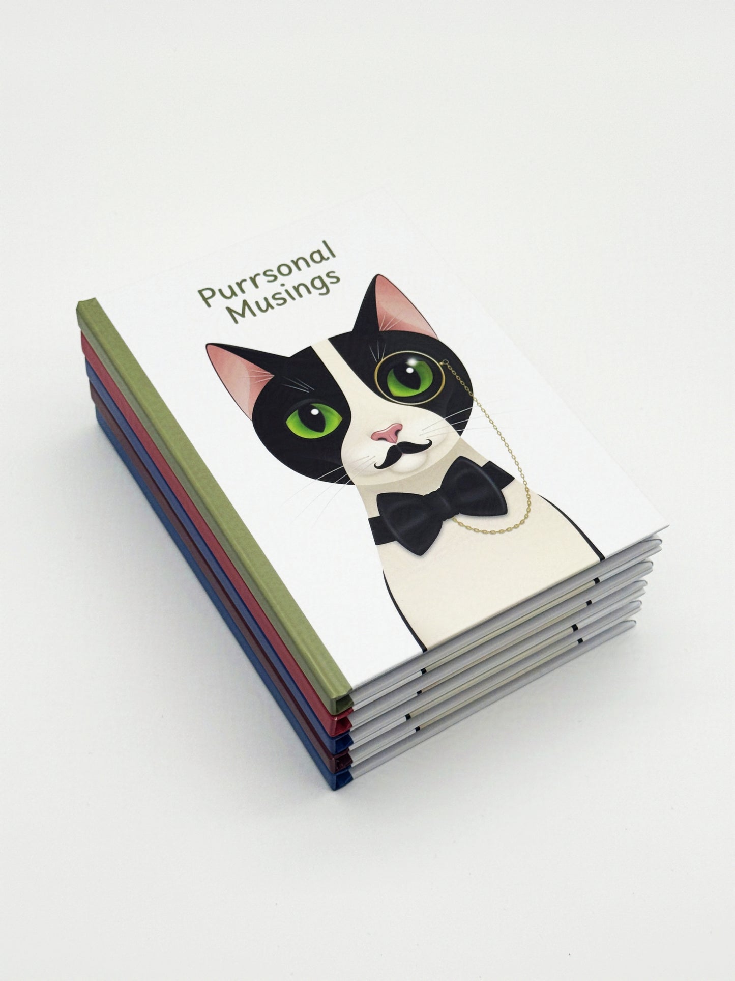 Stack of notebooks with a cat illustration and 'Purrsonal Musings' text on a white background