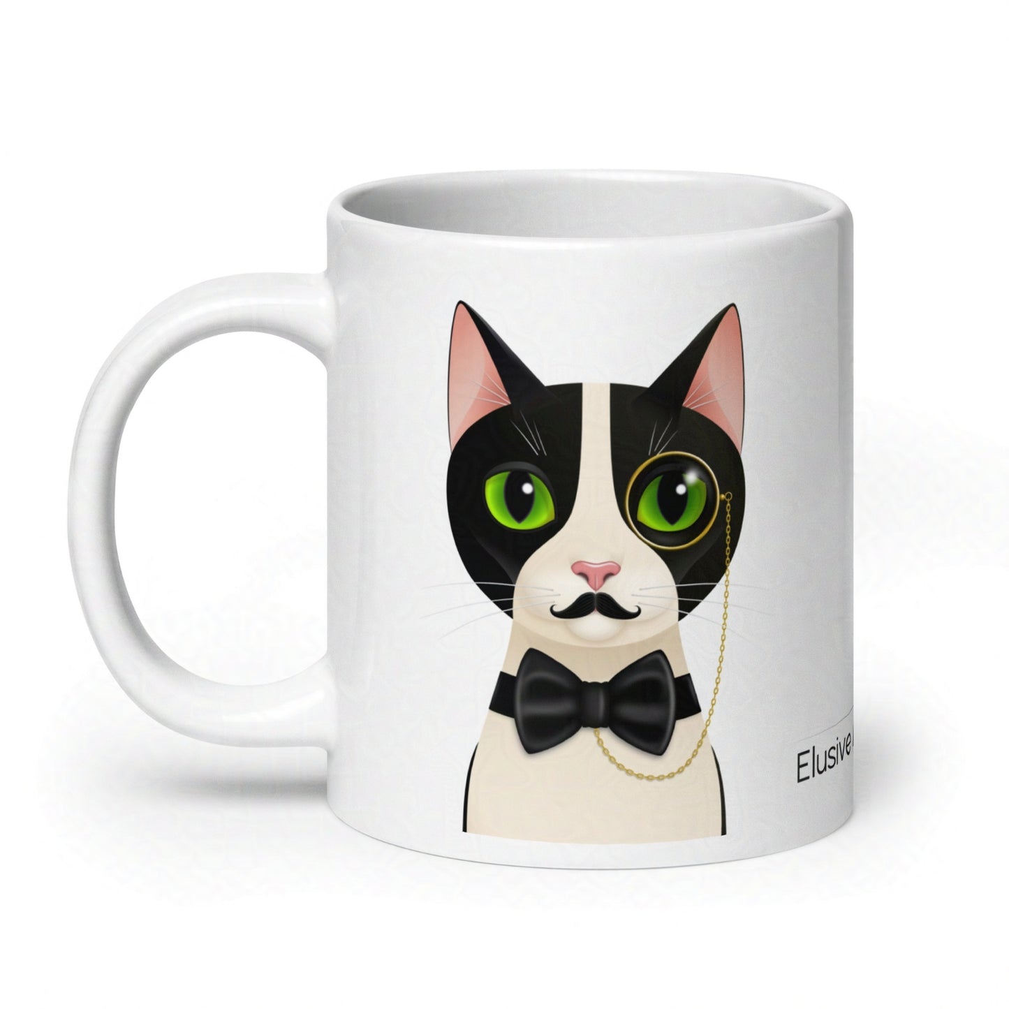 20oz white mug featuring Alfred the tuxedo cat in a monocle and black bow tie, centered on a crisp white background