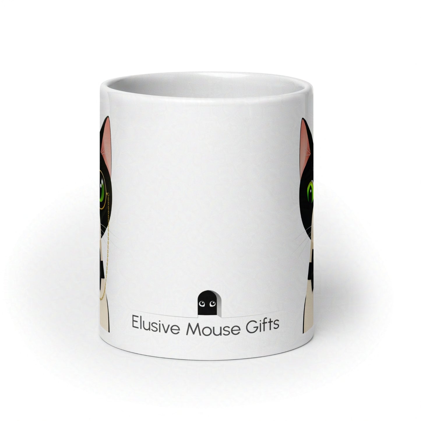 Side view of Alfred 20oz mug with a small mouse peering out from a mousehole, eyeing the cat design warily