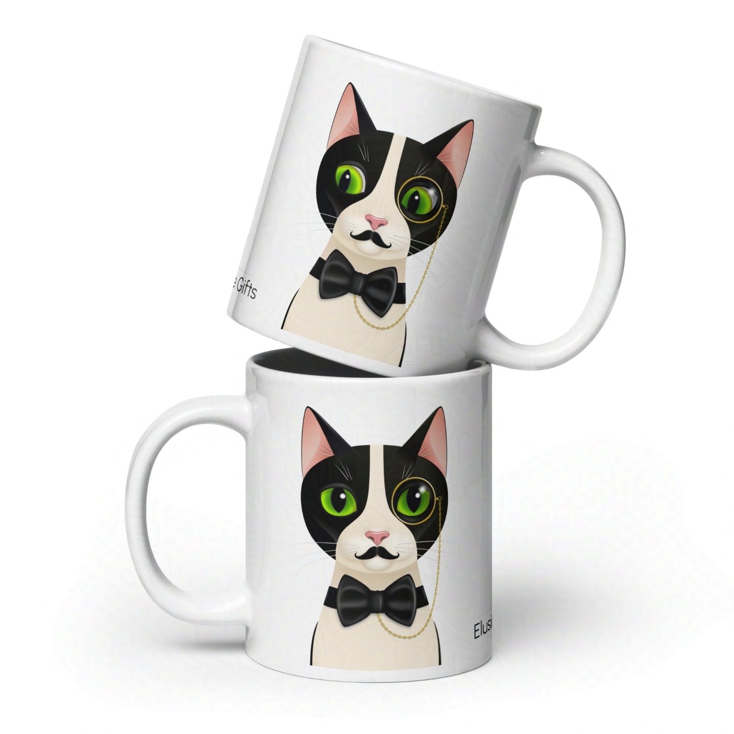 Stacked Alfred 20oz mugs showing both cat illustration and glossy surface detail against white backdrop