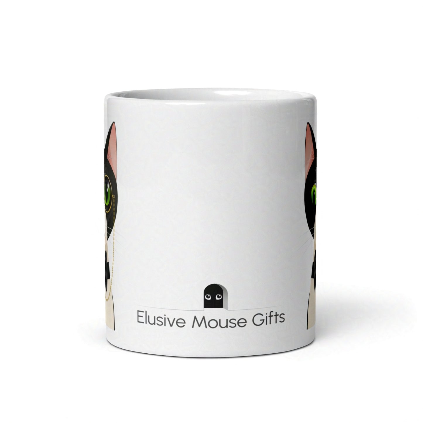 Side view of Alfred 11oz mug showing a small mouse nervously peeking from a mousehole toward the cat on the back