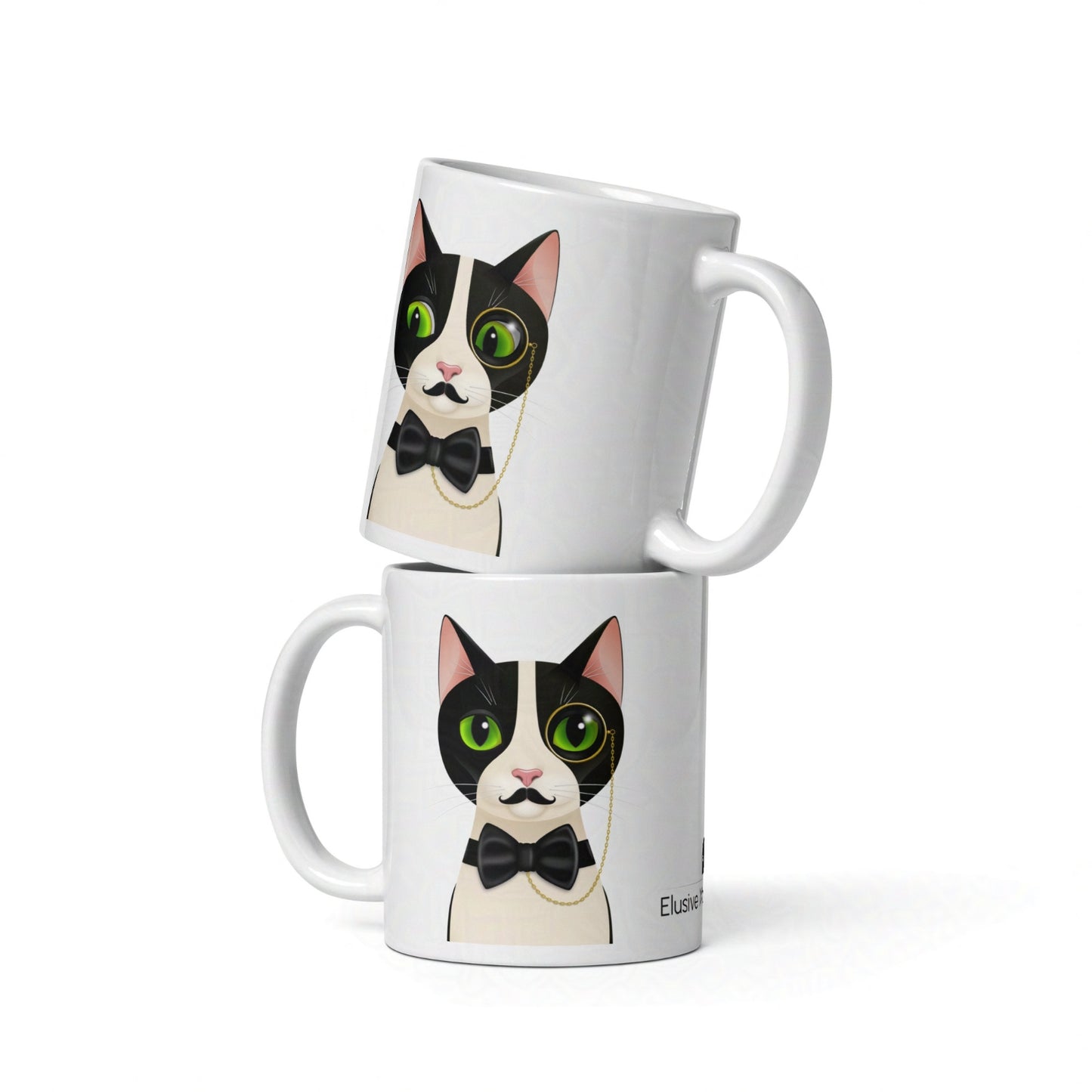 Stacked Alfred 11oz mugs showing variations in the cat illustration and glossy surface detail against white backdrop