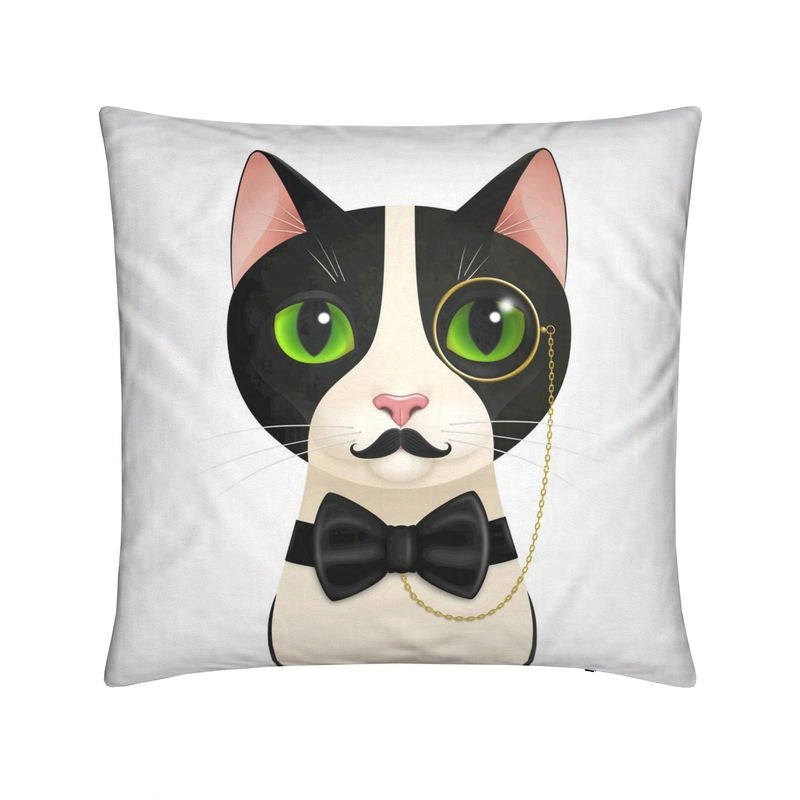 Cushion with Alfred the cat wearing a monocle and black bow tie, facing forward on a white background
