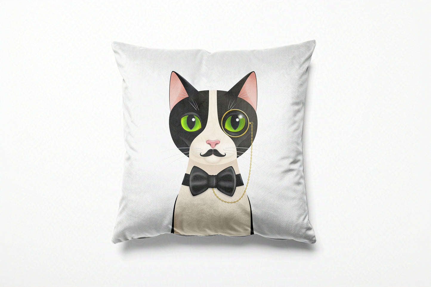 White cushion with a cat illustration on a white background
