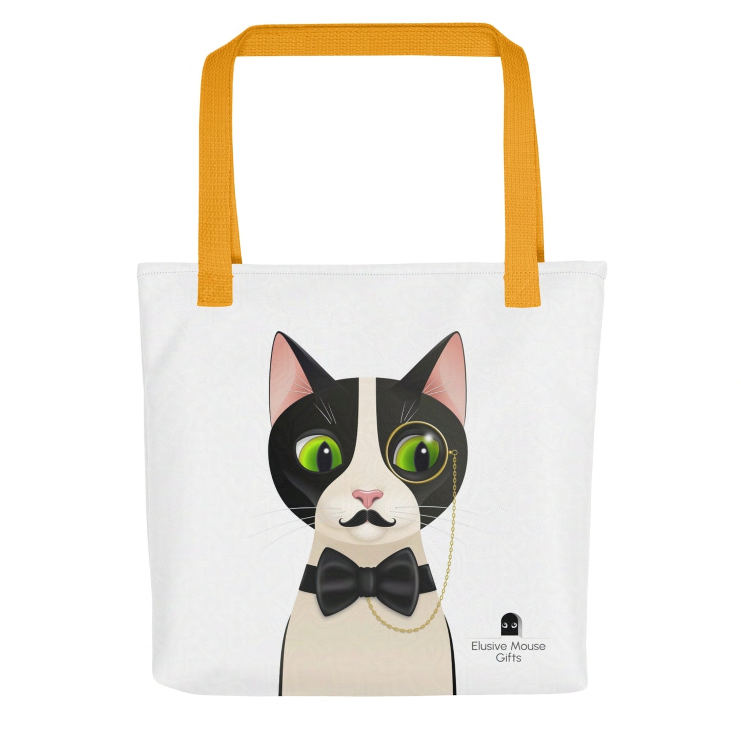 Rear view of tote bag with Alfred glancing down at a mouse in a mousehole, over the shoulder, printed on a white background
