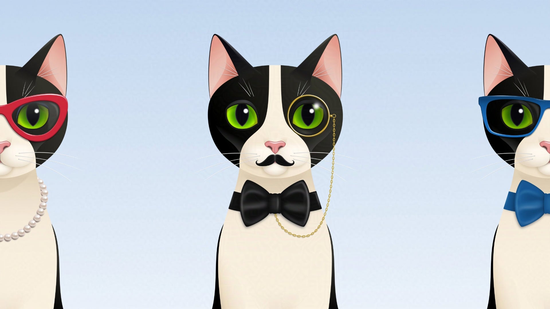 Smudge the tuxedo cat as Alfred with monocle and bow tie – centered on blue background