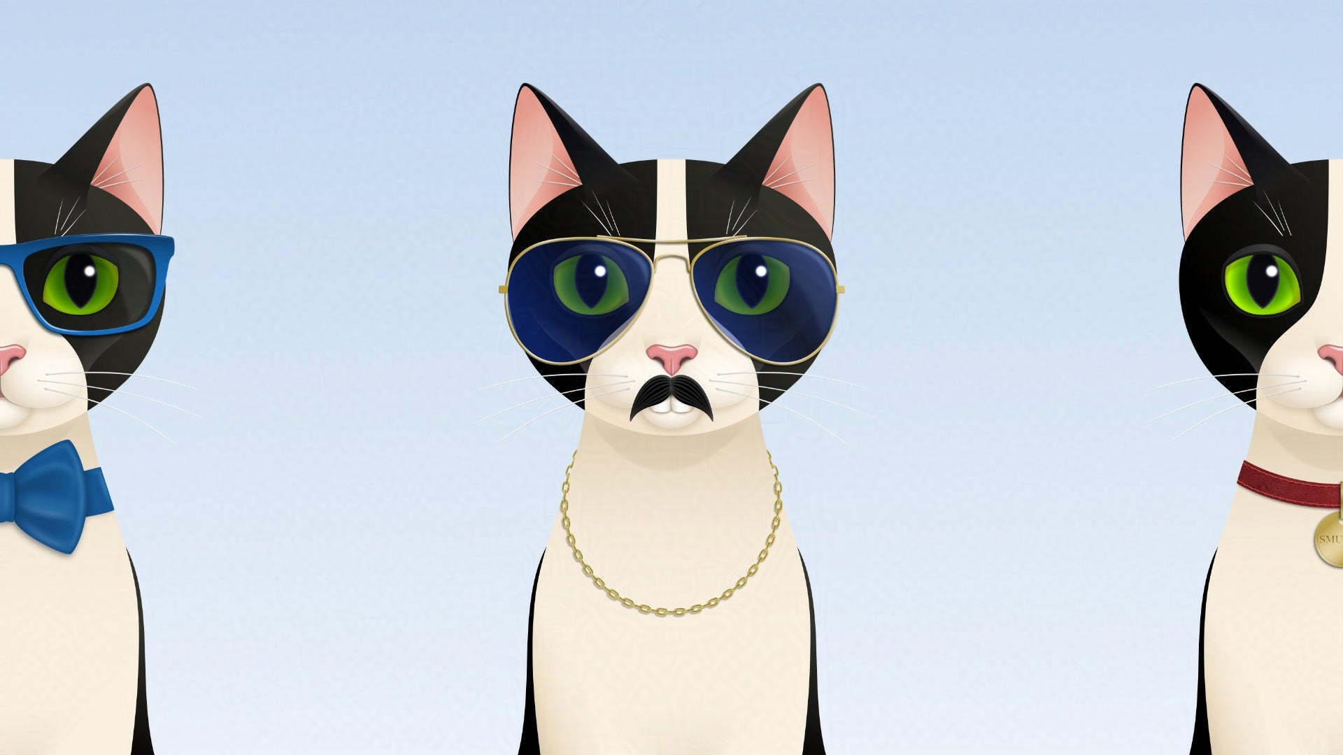 Smudge dressed as Freddie with aviators, moustache, teeth, and gold chain – blue background