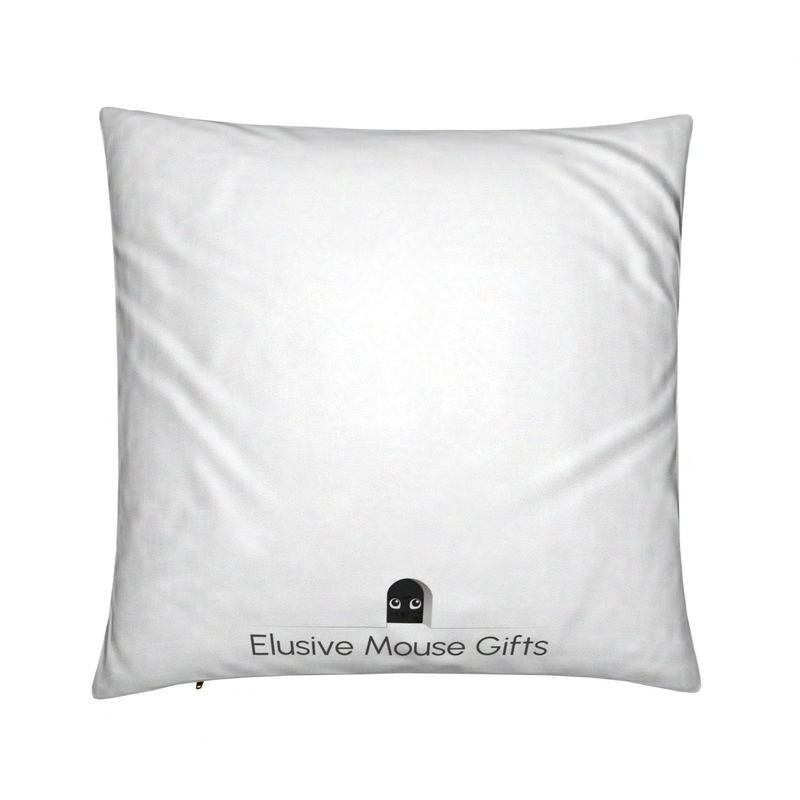 Reverse of white cushion showing a little mouse peeking from a mousehole, set against a white background.