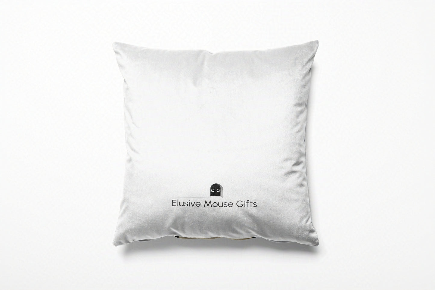 White cushion with 'Elusive Mouse Gifts' logo on a white background