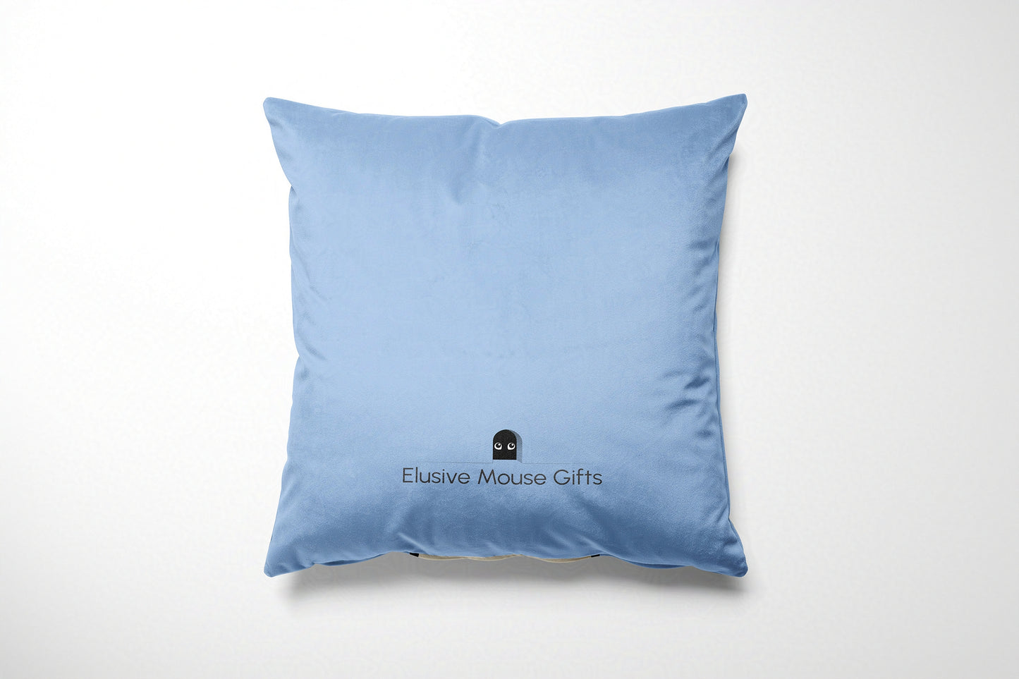 Blue cushion with 'Elusive Mouse Gifts' logo on a white background