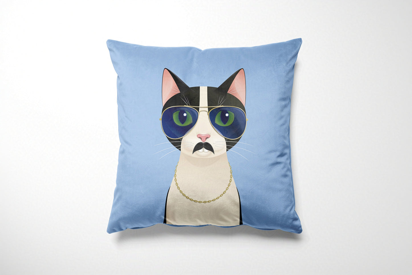 Blue cushion with a cat illustration on a white background