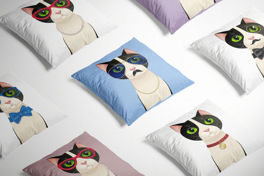 Freddie Cat Colourful Cushion on a white background surrounded by other cat design cushions