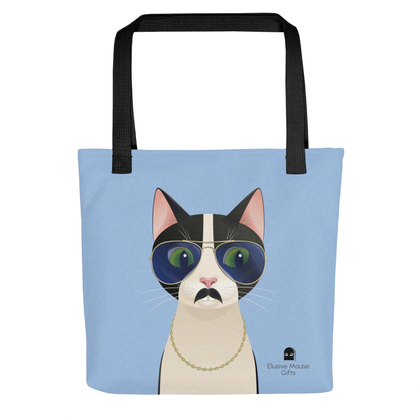 Back view of Freddie tote bag with the cat glancing down toward a nervous mouse in a mousehole, against a blue background