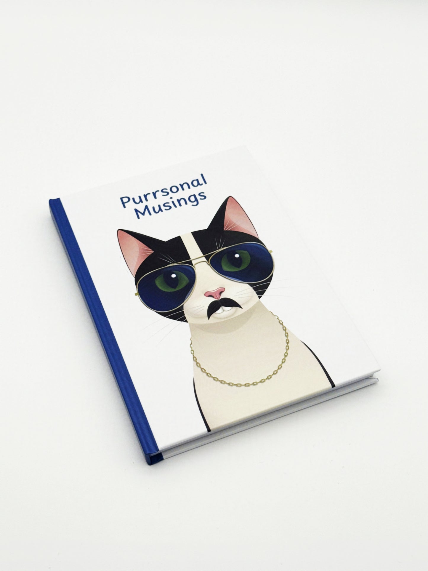 Notebook with a cat wearing shades and a moustache and 'Purrsonal Musings' text on a white background