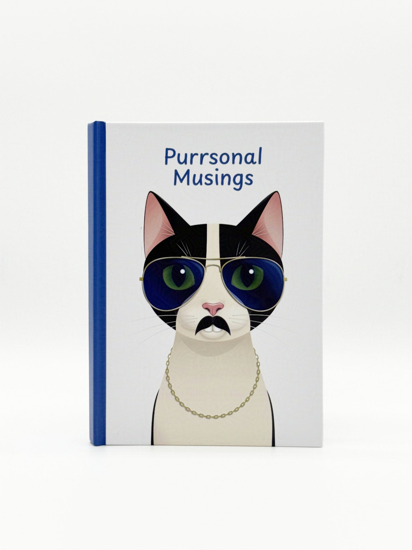 Notebook with a cat illustration and 'Purrsonal Musings' text on a white background