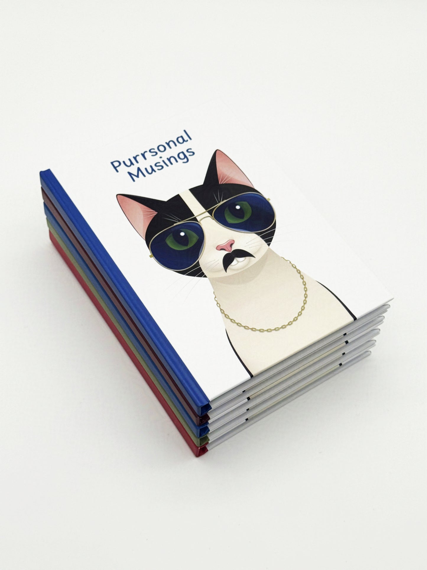 Stack of notebooks with a cat illustration and 'Purrsonal Musings' text on a white background