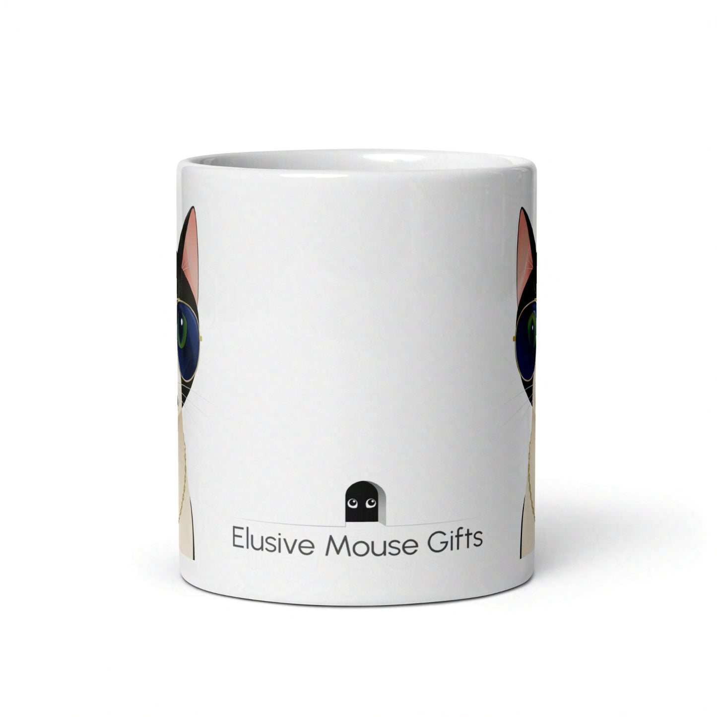Side view of 11oz Freddie mug showing a tiny mouse peeking nervously from a mousehole toward the cat design on the back