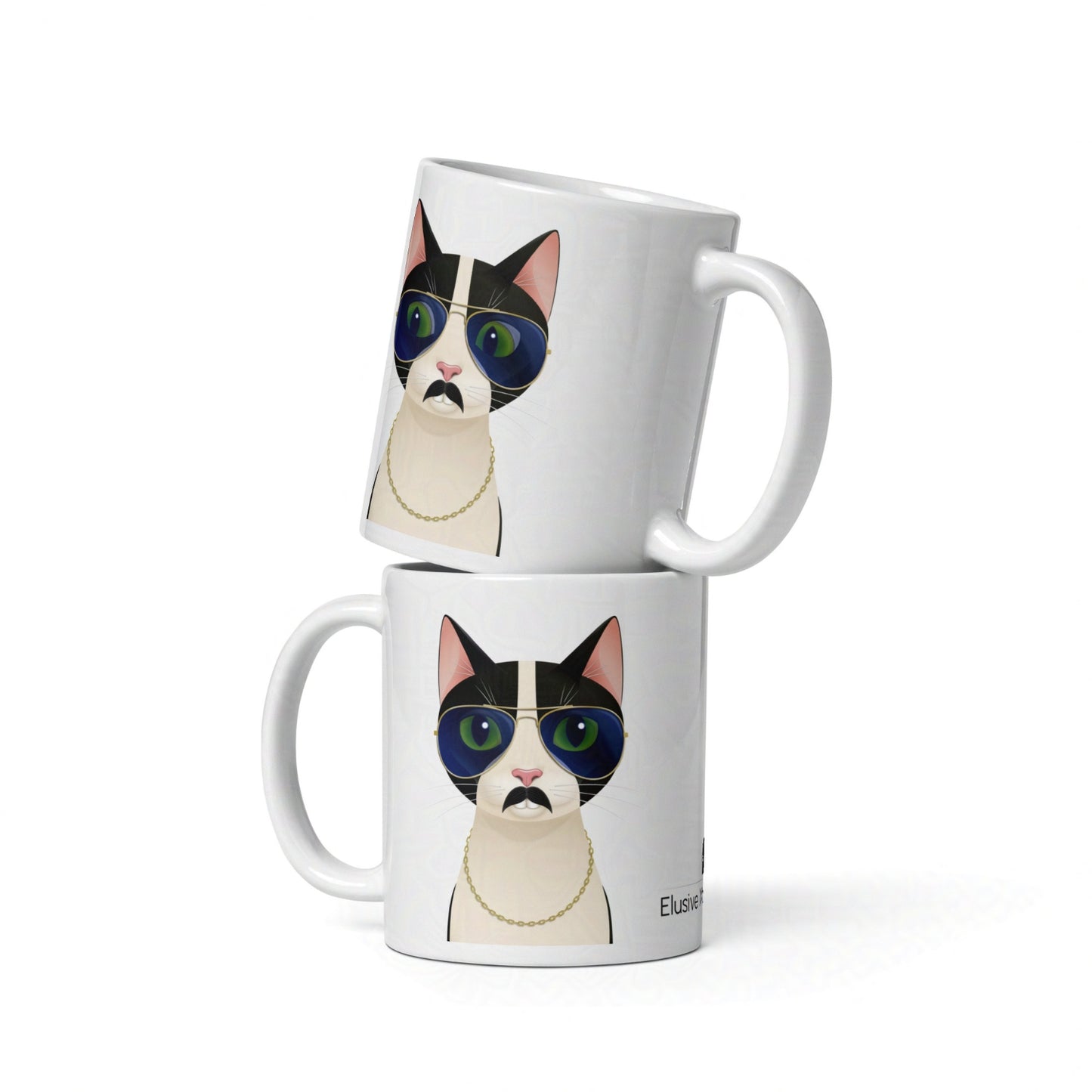 Two 11oz Freddie mugs stacked to show off the unique cat illustration and glossy ceramic surface
