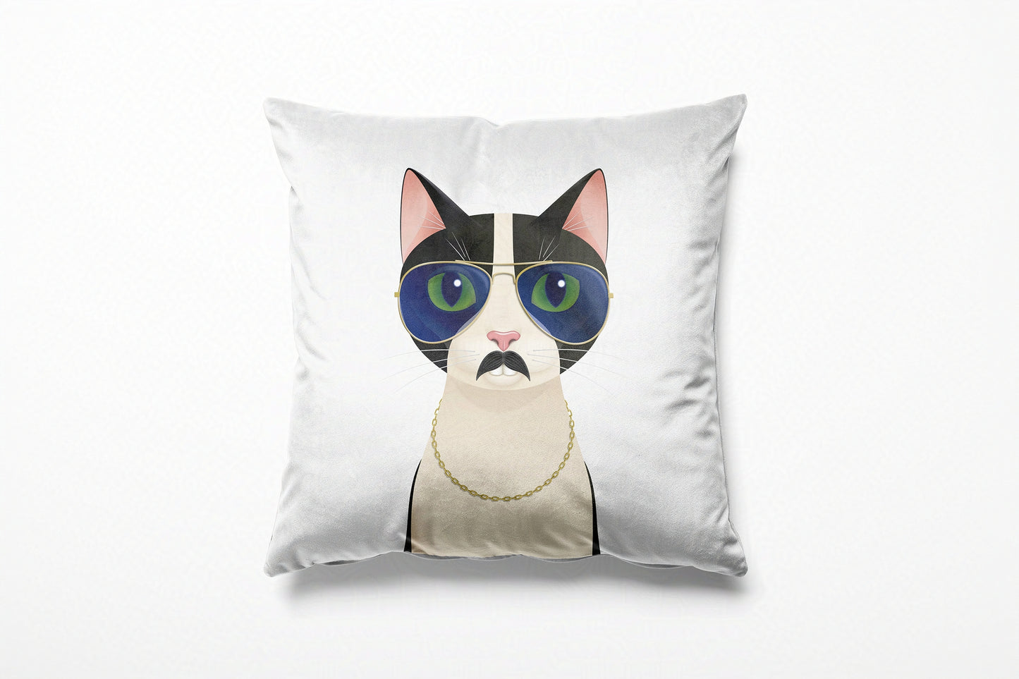 White cushion with a cat illustration on a white background