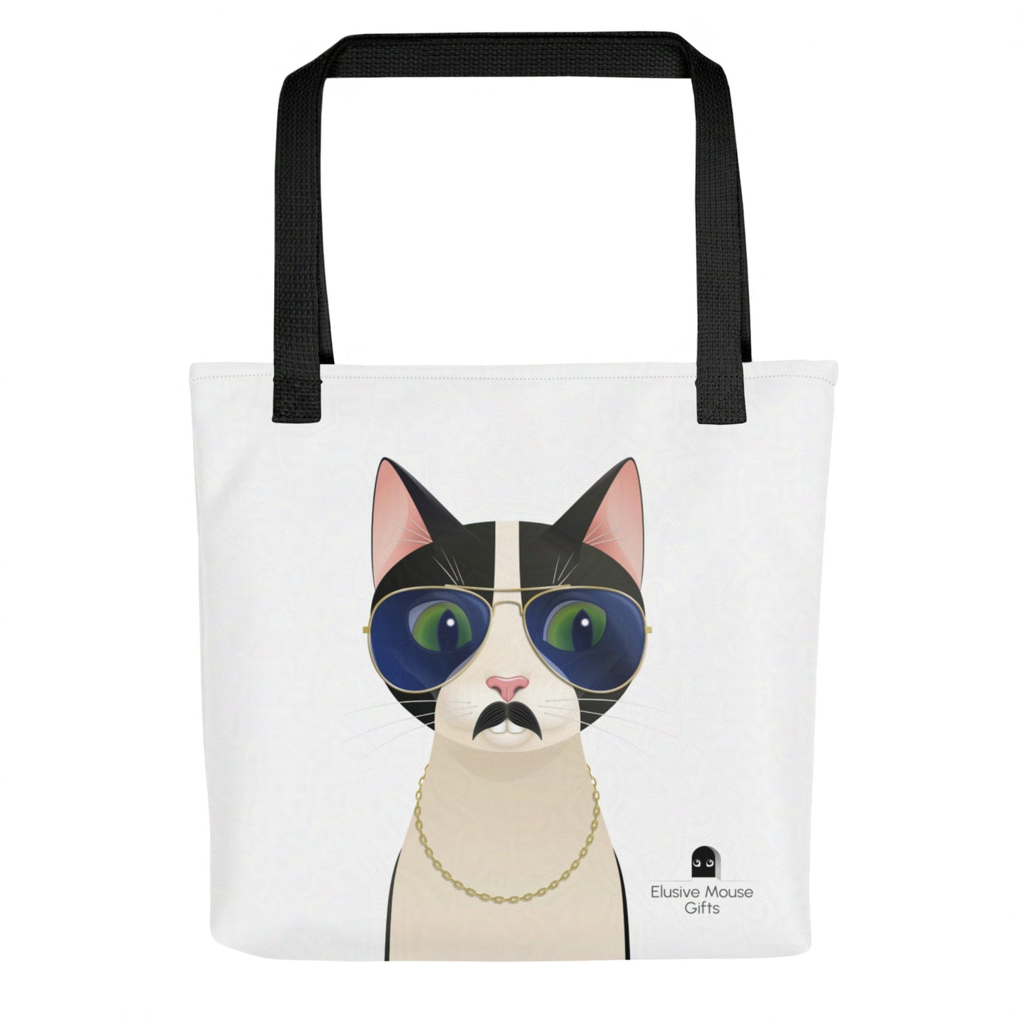 Back view of Freddie tote bag with the cat glancing down toward a nervous mouse in a mousehole, against a white background