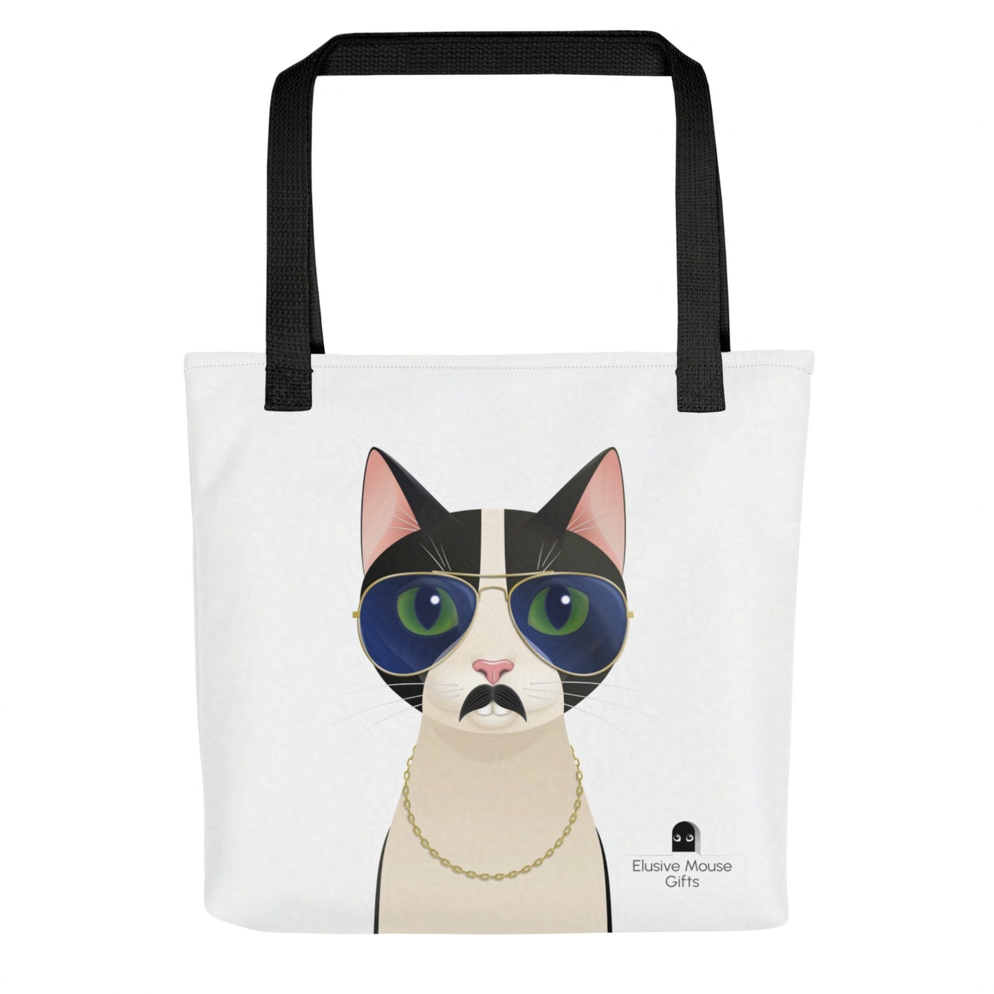 Front-facing tote bag featuring Freddie in full disguise; sunglasses, moustache, and bling, against a white background