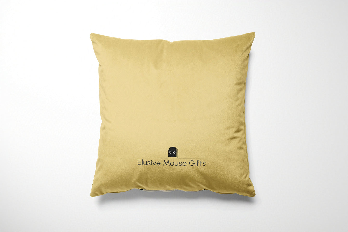 Yellow cushion with 'Elusive Mouse Gifts' logo on a white background