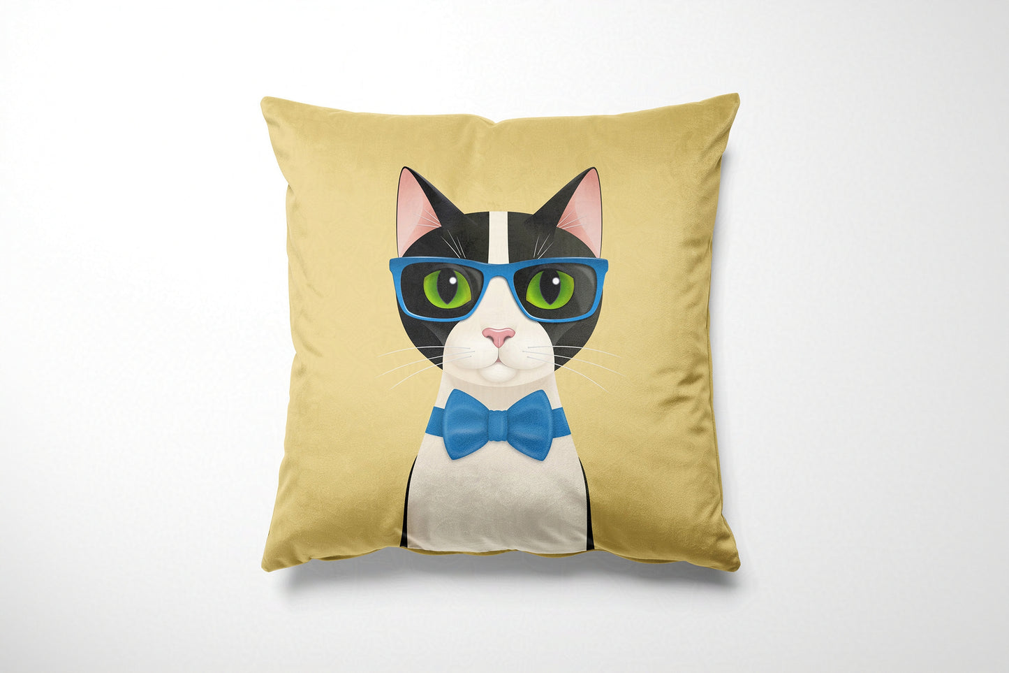 Yellow cushion with a cat illustration on a white background