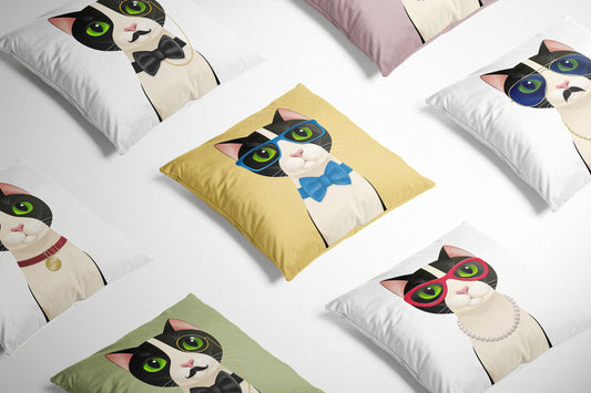 Mr Cat Colourful Cushion on a white background surrounded by other cat design cushions