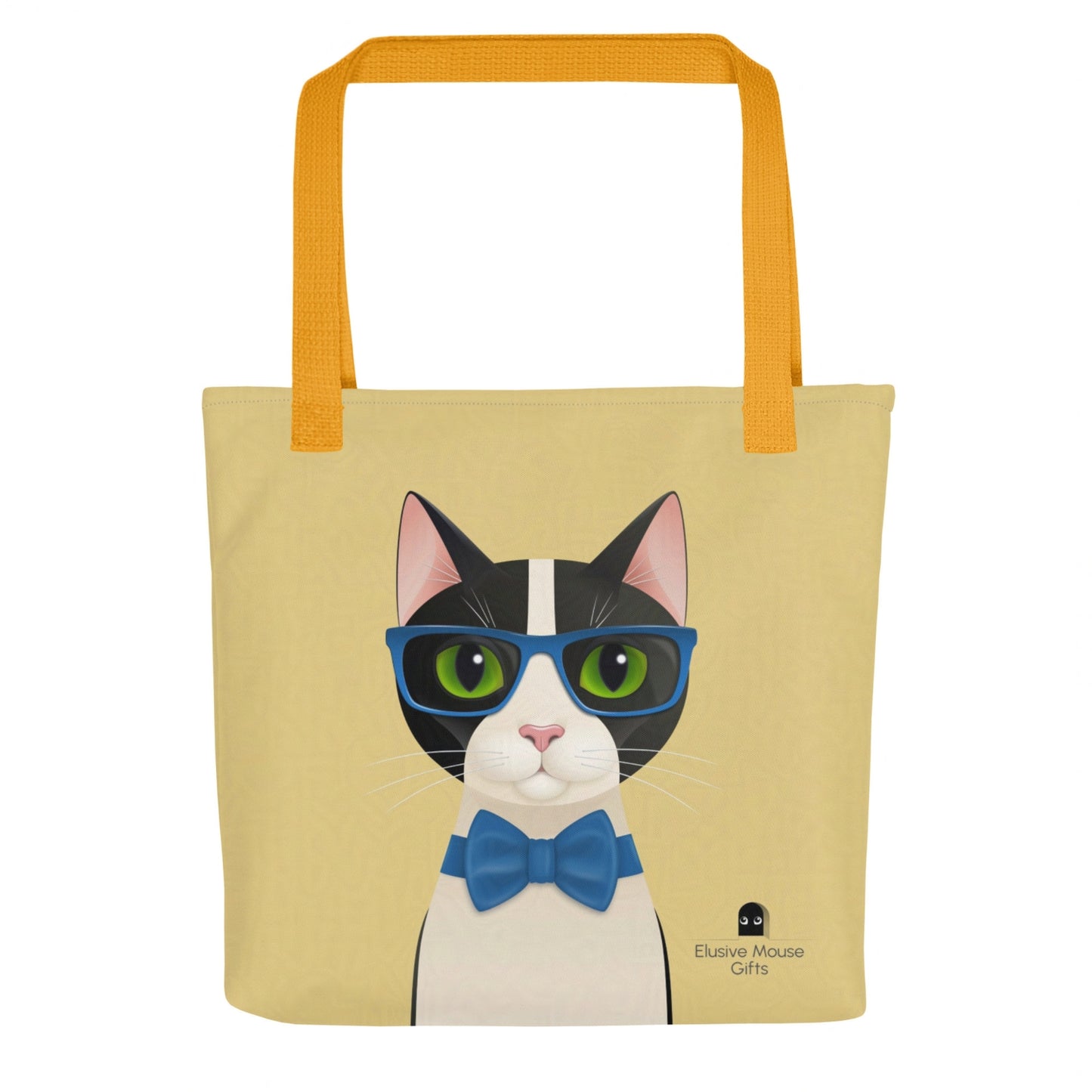 Front view of tote bag with Mr Cat looking straight ahead in glasses and bow tie, set against a yellow background
