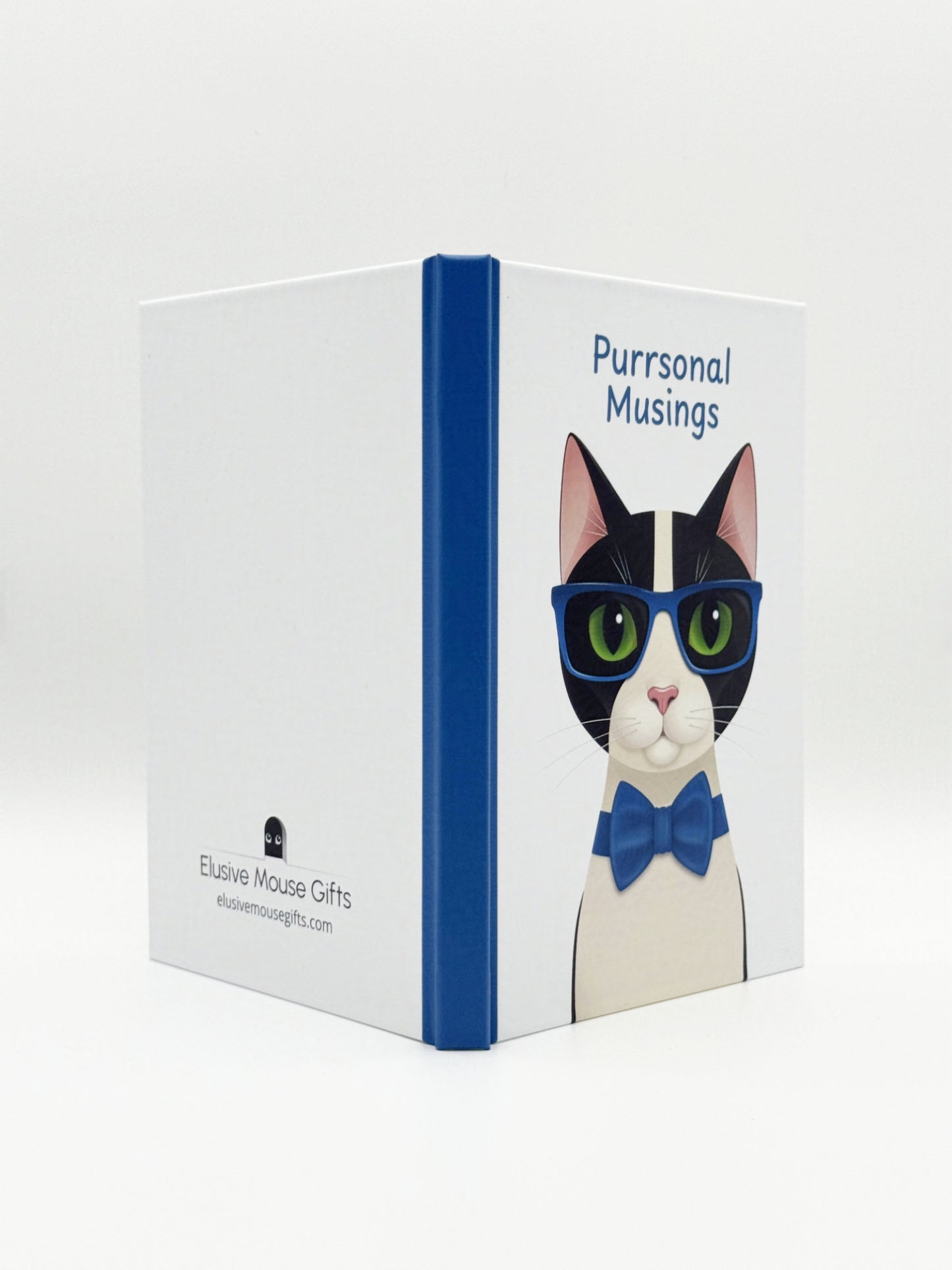 Notebook with a cat illustration on the cover, featuring glasses and a bow tie, on a white background.