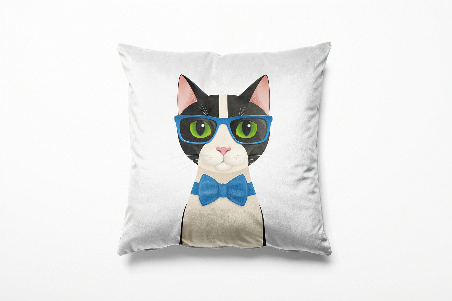White cushion with a cat illustration on a white background