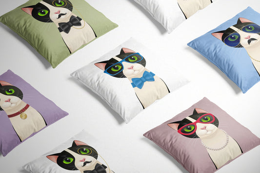 Mr Cat White Cushion on a white background surrounded by other cat design cushions