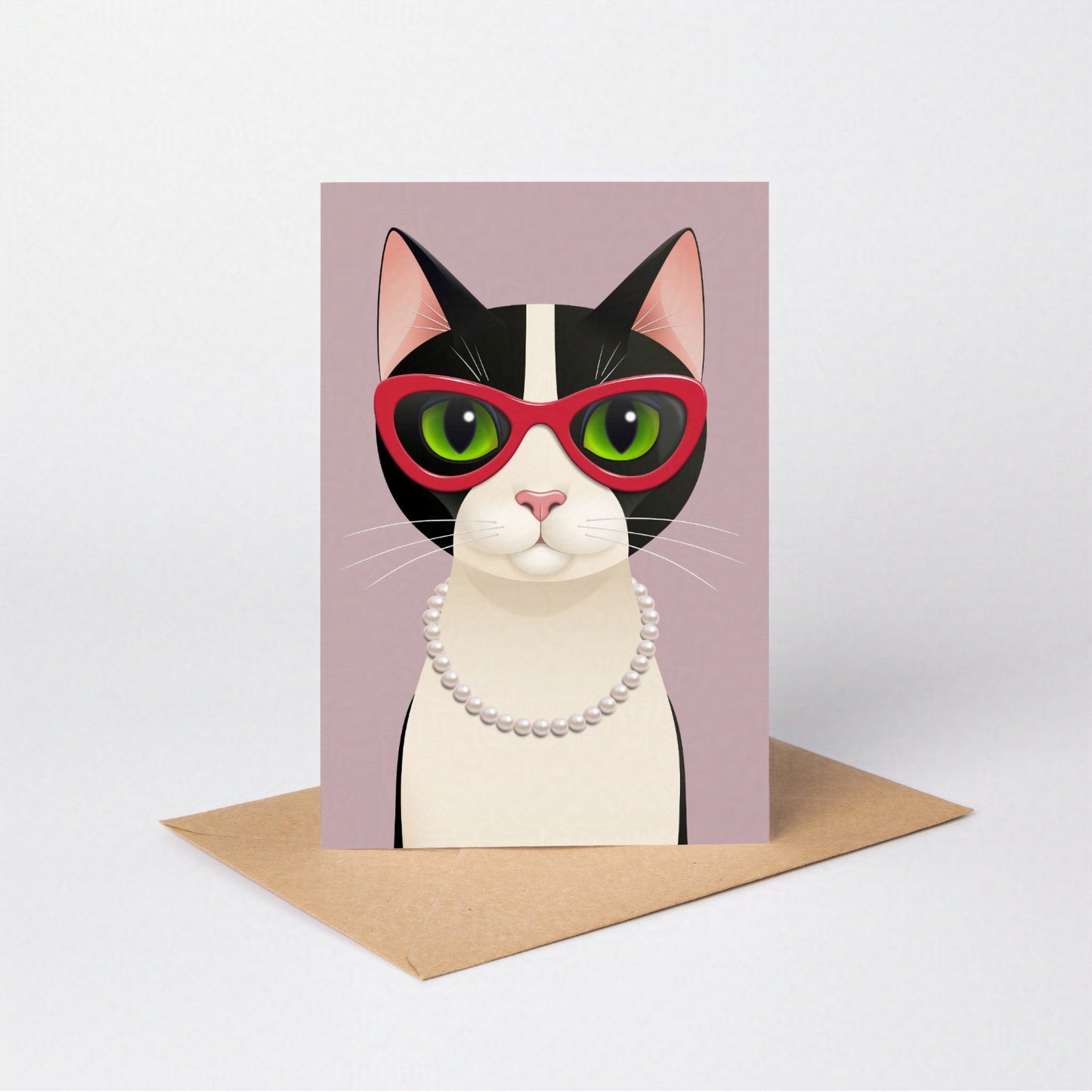 Mrs Cat greeting card standing upright with the tuxedo cat against a pink-coloured card background, on an envelope against a neutral backdrop