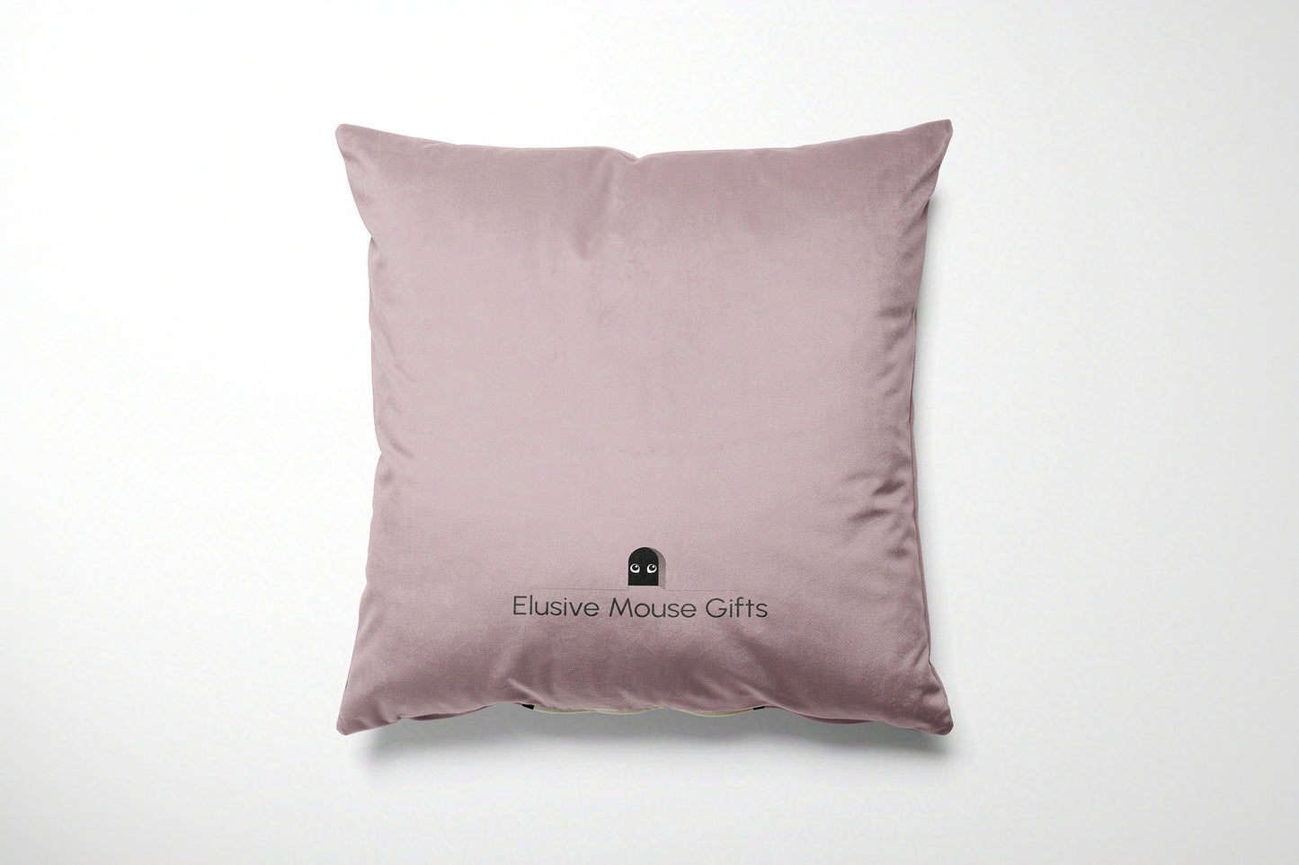 Pink cushion with 'Elusive Mouse Gifts' logo on a white background