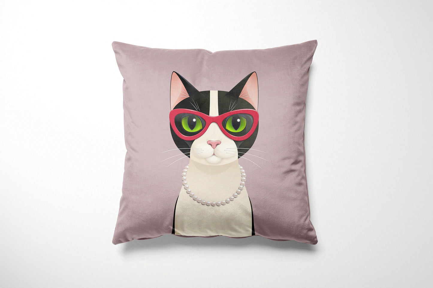 Pink cushion with a cat illustration on a white background