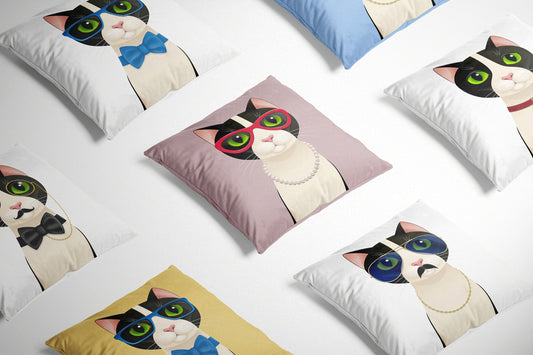 Mrs Cat Colourful Cushion on a white background surrounded by other cat design cushions