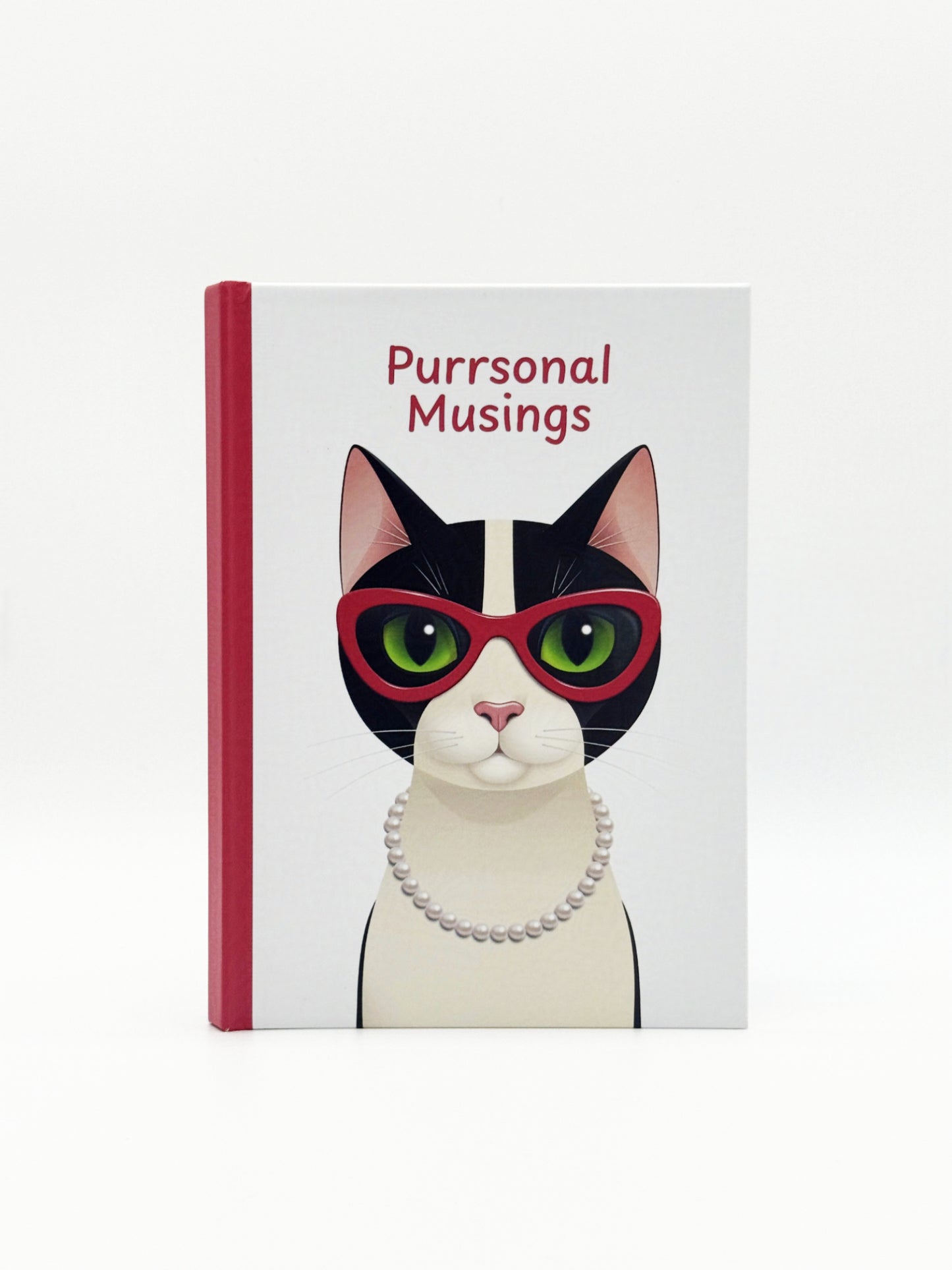 Notebook with an illustration of a cat wearing glasses and 'Purrsonal Musings' text on the cover.