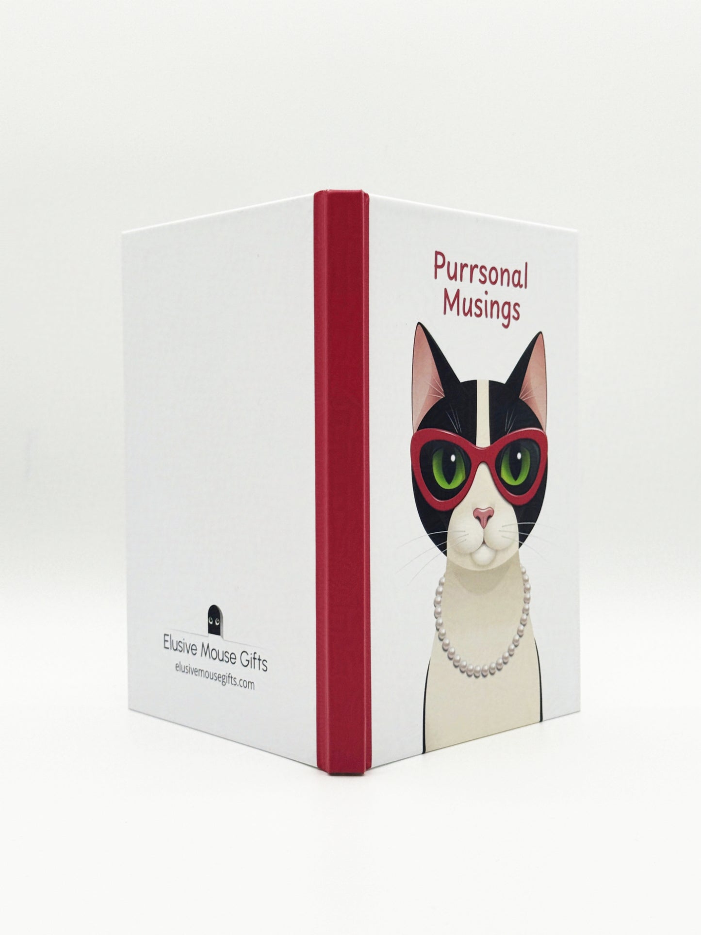 Notebook with an illustration of a cat wearing glasses and a necklace and 'Purrsonal Musings' text on a white background