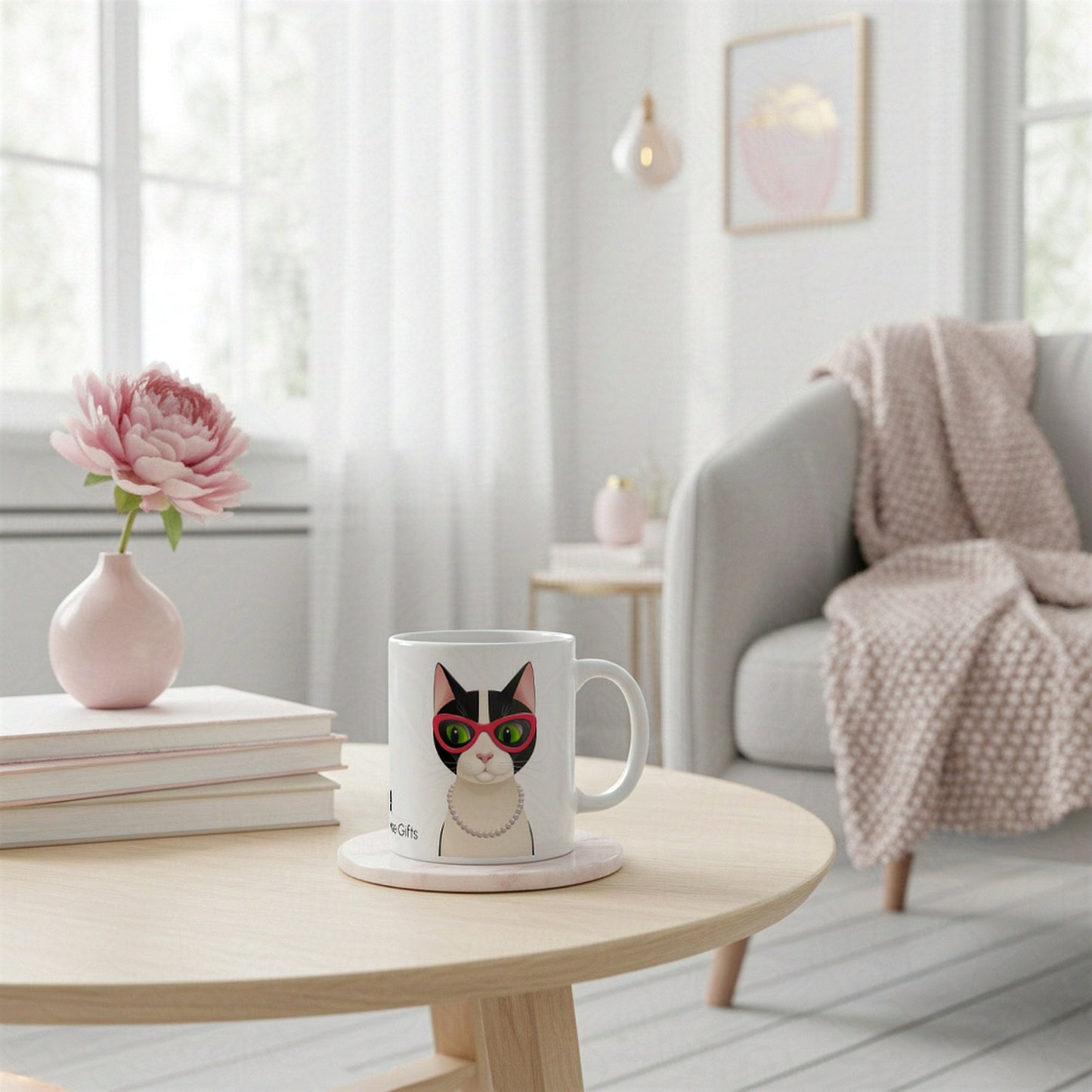 Mug with a cat design on a wooden table in a cozy living room.
