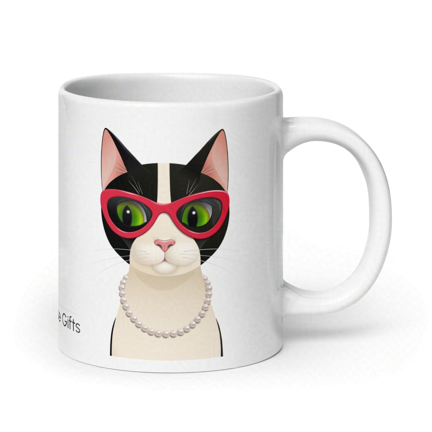 Back of the Mrs Cat 20oz mug showing the handle and continuation of the feline design on a clean white backdrop