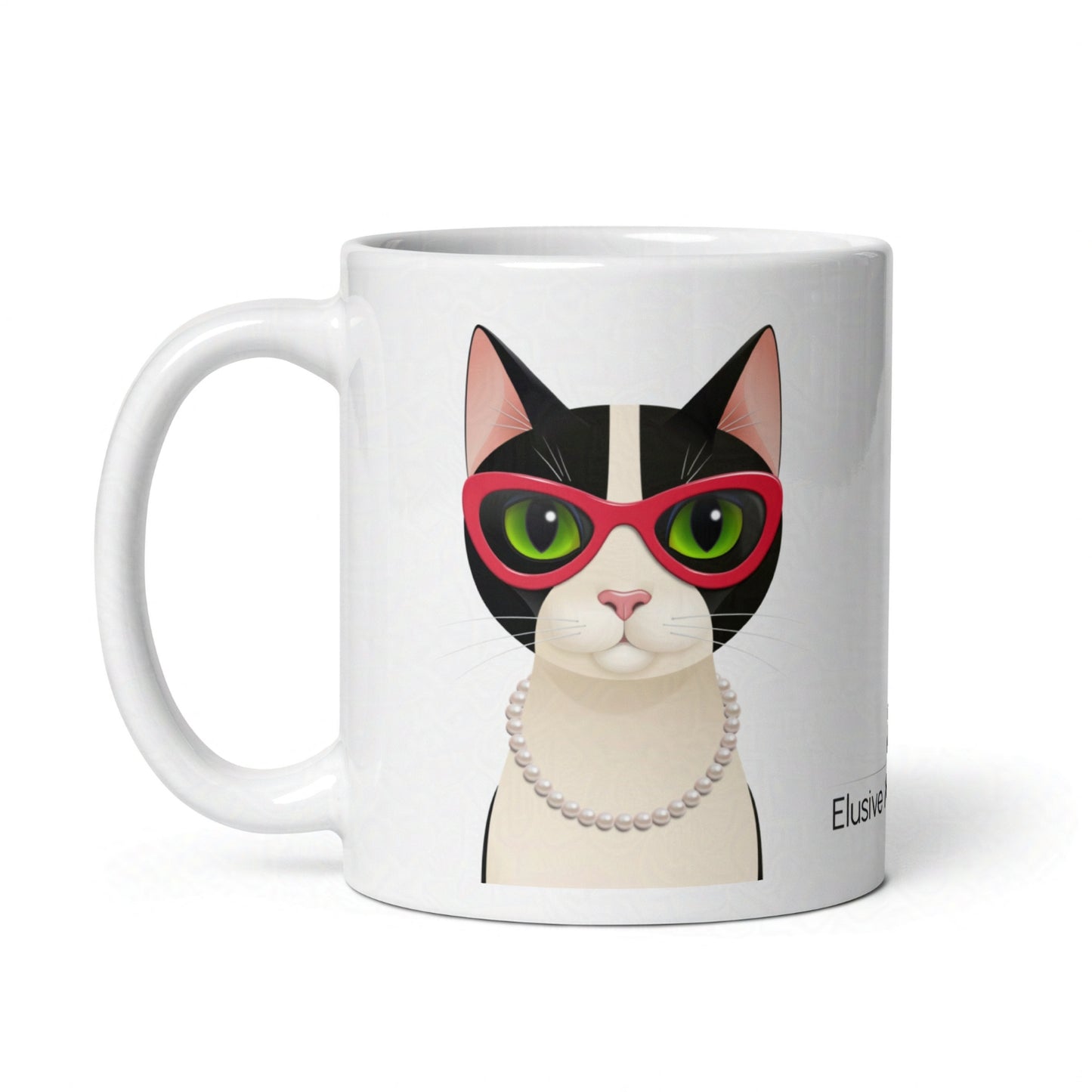 11oz ceramic mug with Mrs Cat wearing red cat eye glasses and a string of pearls, centered on a white background