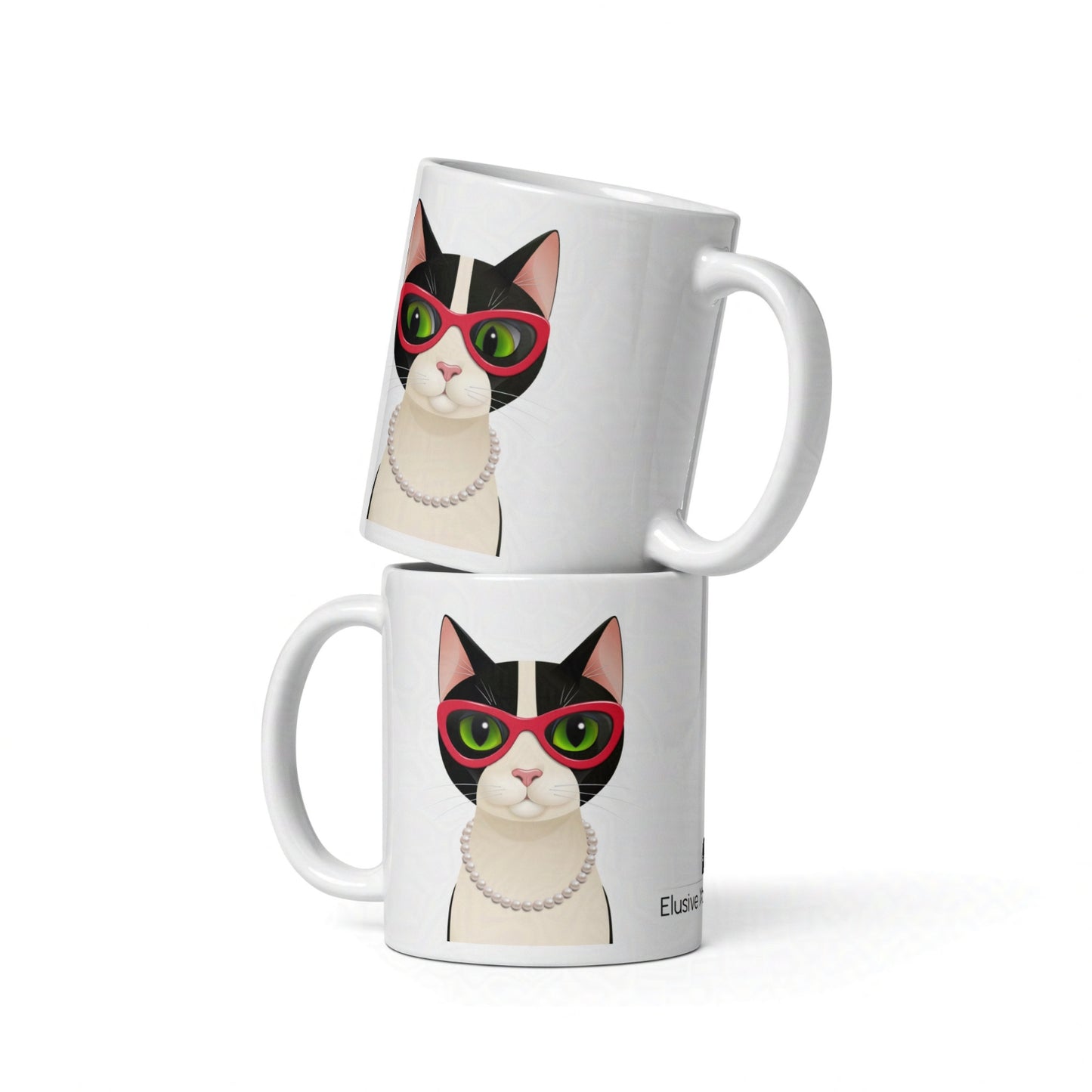 Two 11oz Mrs Cat mugs stacked neatly, displaying the elegant character design and glossy ceramic finish